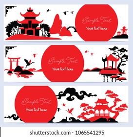 Set of horizontal banners with asian landscape.