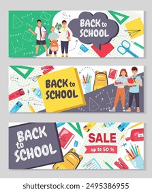 Set of horizontal banners Back to school. Childhood illustration with kids, book, pen, stationery, bag. Collection for print, education, learning. Vector illustrations for poster, advertising, sale