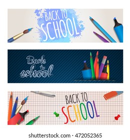 Set of horizontal banners back to school with stationery. Vector element for your design