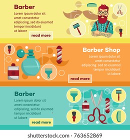 Set of horizontal banners for barber, barbershop, grooming, hairdressing services, cartoon vector illustration. Barbershop, man hairdresser services banner set with barber tools and space for text