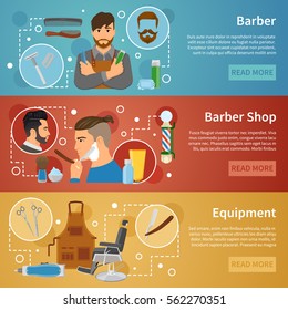 Set of horizontal banners with barber shop equipment hairdresser with working tools flat style isolated vector illustration  