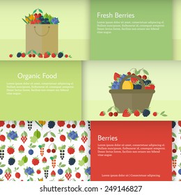 Set of horizontal banners with basket, package with berries. Flat design vector illustration