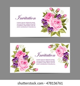 Set of horizontal banners. Beautiful compositions with pink roses and purple pansies isolated on white.