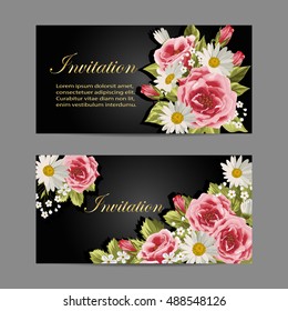 Set of horizontal banners. Beautiful compositions with pink roses and daisies on black background.