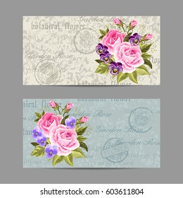 Set of horizontal banners. Beautiful compositions with pink roses and pansies. Vintage postcard background. Vector illustration.