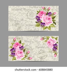 Set of horizontal banners. Beautiful compositions with pink roses and pansies. Vintage postcard background. Vector illustration.