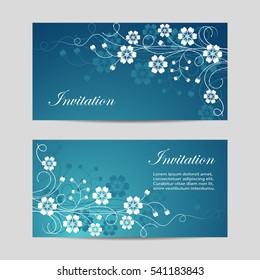 Set of horizontal banners. Beautiful floral pattern on blue background.