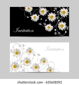Set of horizontal banners. Beautiful floral pattern on black and white background.