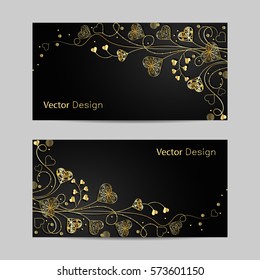 Set of horizontal banners. Beautiful gold pattern with ornate hearts and swirls on black background.
