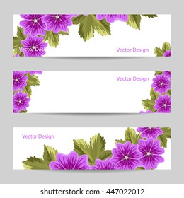 Set of horizontal banners. Beautiful mallow flowers with leaves isolated on white background.