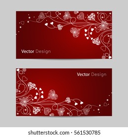 Set of horizontal banners. Beautiful pattern with ornate hearts and swirls on red background.