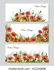 Set of horizontal banners with  beautiful red poppies, chamomiles, green grass and leaves on white background. Vector illustration for use in your design.