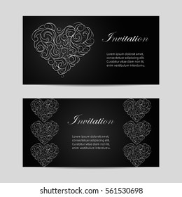 Set of horizontal banners . Beautiful swirl pattern in a shape of hearts on dark background.