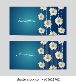 Set of horizontal banners. Beautiful white daisy flowers on blue background with stripes and pearls.