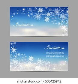 Set of horizontal banners. Beautiful winter pattern with snowflakes and swirls.