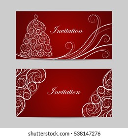 Set of horizontal banners. Beautiful winter pattern with swirls on red background.