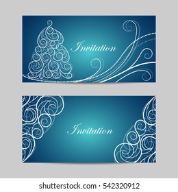 Set of horizontal banners. Beautiful winter pattern with swirls on blue background.