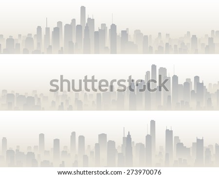 Set horizontal banners of big city with skyscrapers in haze.