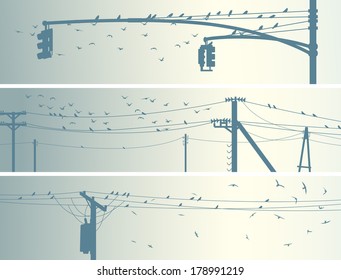 Set Of Horizontal Banners With Birds On Power Line In Pale Tone.