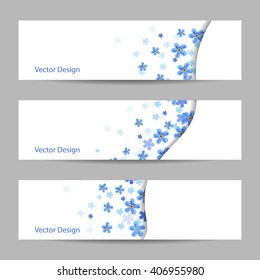Set of horizontal banners with blue flowers. Vector illustration.