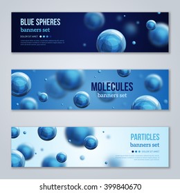 Set of horizontal banners with blue molecules design. Vector illustration. Atoms. Medical background for banner or flyer. Shining spheres, nanotechnology backdrop.