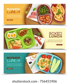 Set of horizontal banners with boxed lunch with various ingredients on wooden table isolated vector illustration 