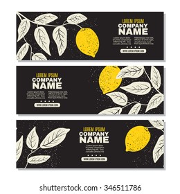 Set of horizontal banners with branches of lemon.Abstract stylized background for your design. Vector illustration.