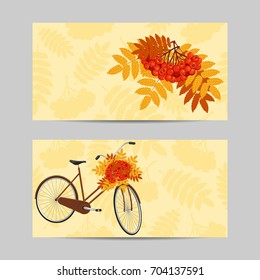 Set of horizontal banners. Brown bicycle with a basket full of rowan leaves.