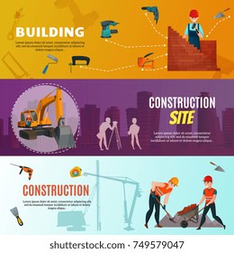 Set of horizontal banners with building site, construction workers with materials and tools isolated vector illustration