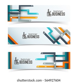 Set of horizontal banners with business icons and infographic elements on textured white background isolated vector illustration