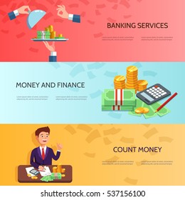 Set horizontal banners with businessman counts money profit , stack of cash, easy money. Vector illustration banking concept