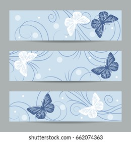 Set of horizontal banners with butterflies and dots on blue background with swirl pattern.