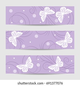 Set of horizontal banners with butterflies and dots on violet background with swirl pattern.