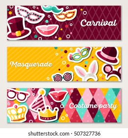 Set of Horizontal Banners with Carnival Masks and Objects. Vector Illustration. Masquerade Party Concept Template  with Colorful Stickers.