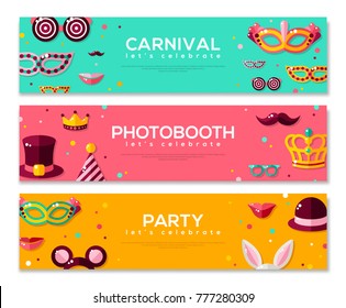 Set of Horizontal Banners with Carnival Masks and Objects. Vector Illustration. Masquerade Party Concept Template with Colorful Elements.