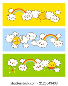Juego de banners horizontales con dibujos animados Sol y nubes para el diseño divertido del verano