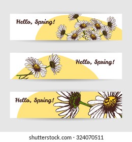 Set of horizontal banners with chamomile flowers. Vector illustration. Yellow sunny colorful background for invitation wedding cards design.