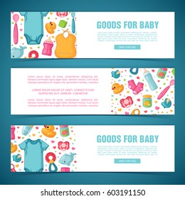 Set horizontal banners with childhood's patterns. Newborn staff for decorating flyers. Design templates for card, invitation with clothes, toys, accessories for babies shower. Vector.