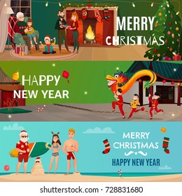Set of horizontal banners with chinese new year, family christmas holiday, santa on beach isolated vector illustration
