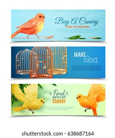 Set of horizontal banners with choice of canary with melody and type of birdcages isolated vector illustration