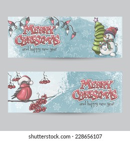 Set of horizontal banners for Christmas and the new year with a picture of a snowman and bullfinch on the branch