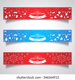 Set of horizontal banners for Christmas and New Year with logotype. Vector illustration for decorate postcards and web-sites. 