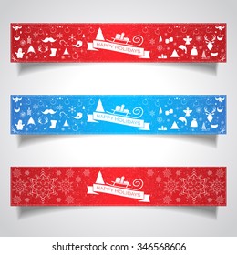 Set of horizontal banners for Christmas and New Year with logotype. Vector illustration for decorate postcards and web-sites. 