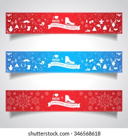 Set of horizontal banners for Christmas and New Year with logotype. Vector illustration for decorate postcards and web-sites. 