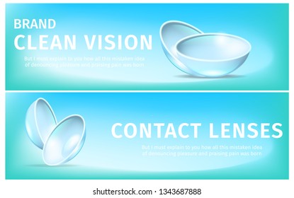 Set of Horizontal Banners with Close Up Breathable Soft Eye Contact Lenses for Every Day Use. Light Blue Gradient Background. Clean Vision. Realistic Vector Illustration. New Generation Opthalmology.