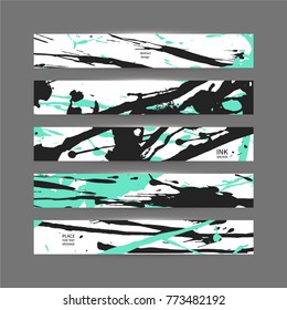 Set of horizontal banners. Collection of cards with orange and black blots. 