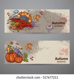 Set horizontal banners of colored autumn doodle