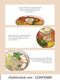 Set of horizontal banners with colorful cartoon illustration of  ramen in different angles. Noodles. Objects separate from the background. Vector template for menus, sites, cards and your design.