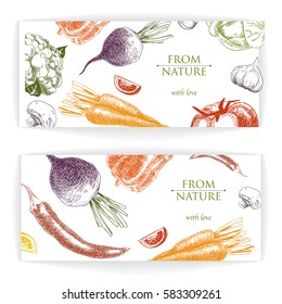 Set of horizontal banners with colorful hand drawn sketch of vegetables on white background. Laconic design.Vector illustration
