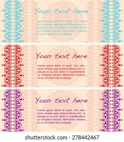 Set of horizontal banners with colorful Indian henna border and mandala designs and space for text
